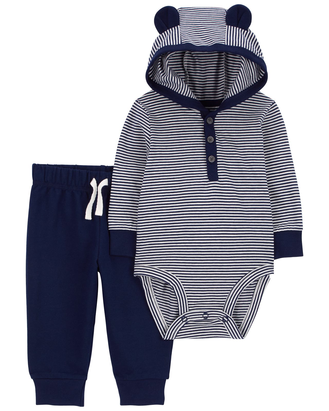 Blue and white stripped hooded henly with bear ears and a pair of blue pants.