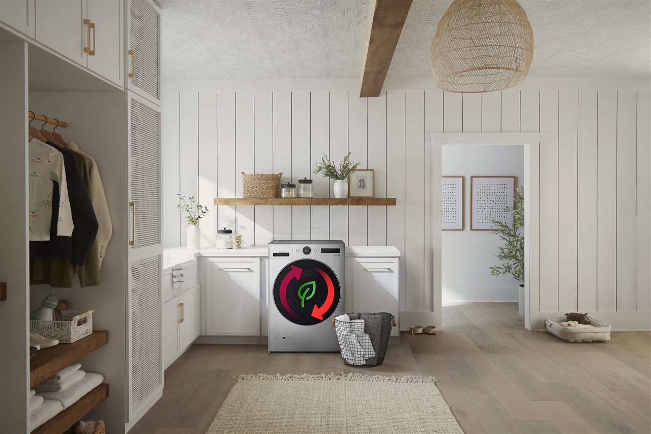 Large white laundry/mudroom with LG Inverter heat pump.