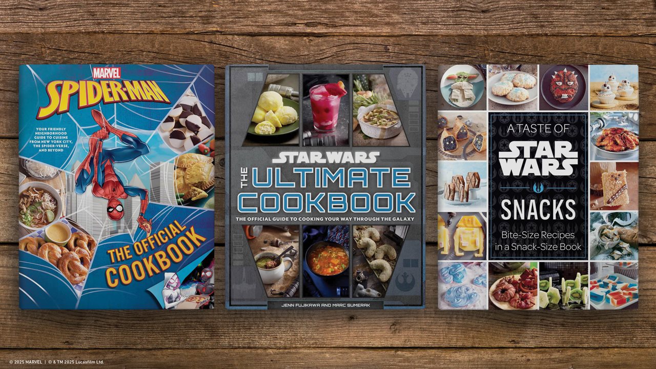 Spiderman coook book, star wars ultimate cookbook and starwars snacks book on wood table top.