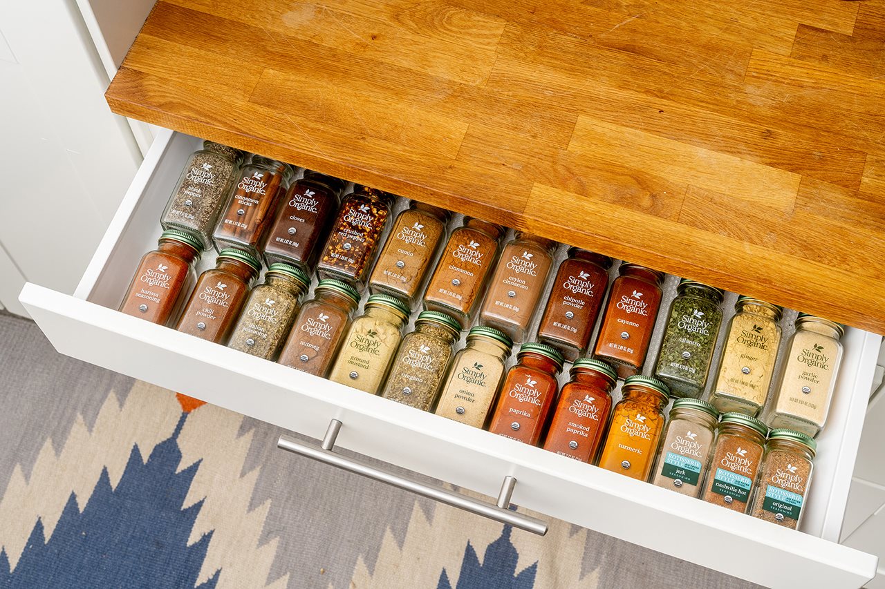 Spice drawer fillied with simple organic spices.