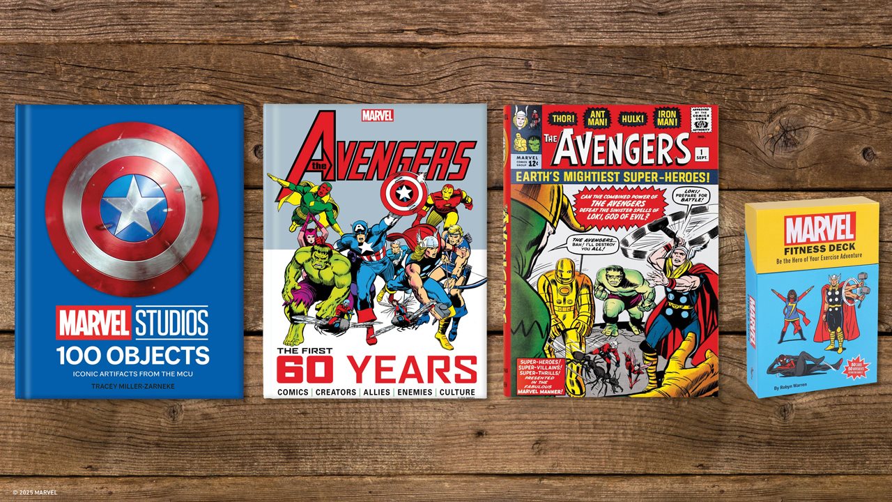 Books called :Marvel Studios 1000 objects,Avengers first 60 years, The Avengers Earths Mightiest Super Heros, and Mavel Fitness Deck