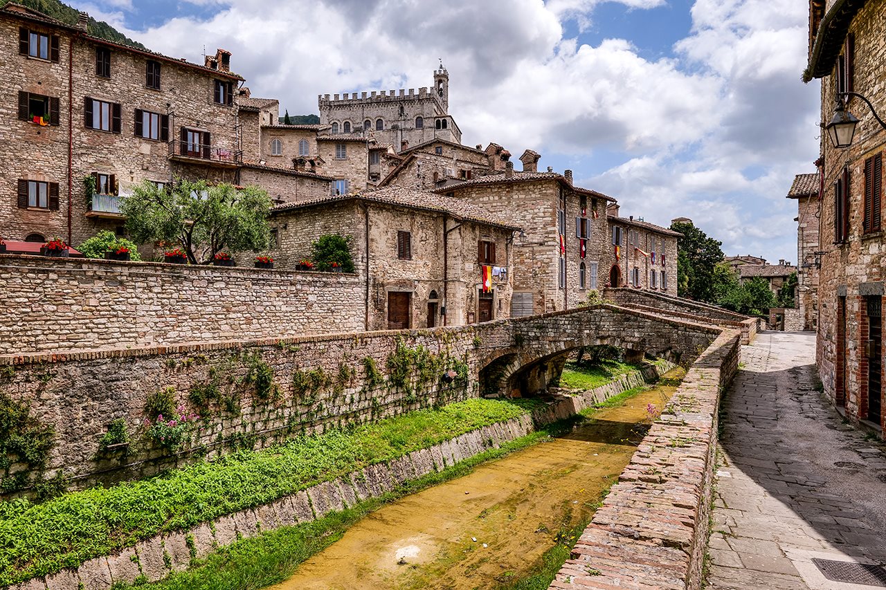 The stone building and the walls of Gubbio, Italy