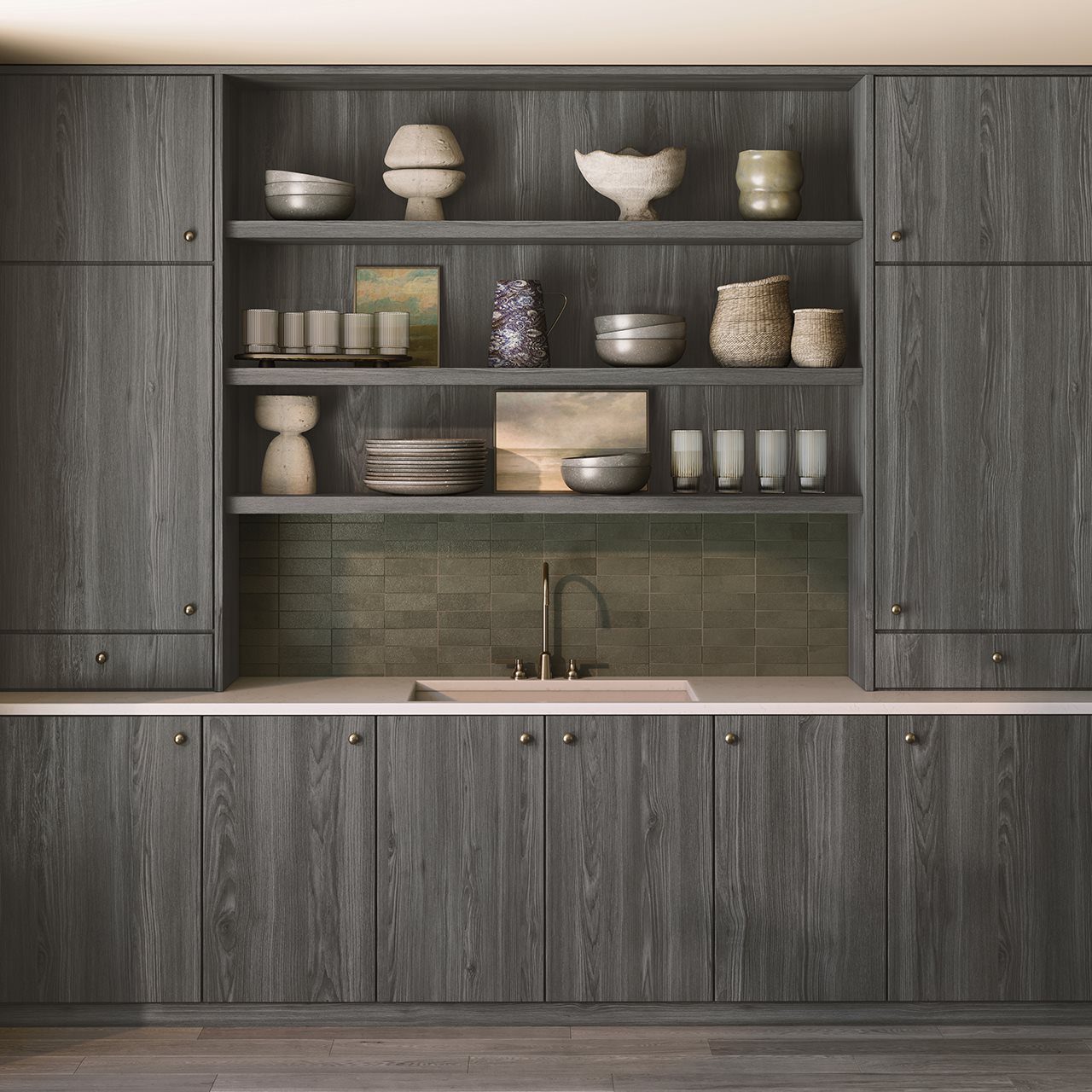 Deep tone  LUJO<sup><sup><sup>®</sup></sup></sup> TFL from Wilsonart adds wood-inspired finishes and luxury matte textures to cabinetry and wall panels in this retro kitchen.” width=”600″ border=”0″></div>
<div class=