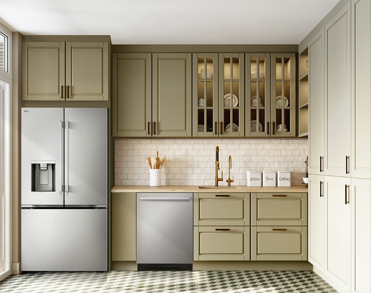 LG's Smart FlushFit™ Top Control Dishwasher with 1-Hour Wash & Dry, QuadWash<sup><sup>®</sup></sup> Pro, TrueSteam<sup><sup>®</sup></sup> and Dynamic Heat Dry™ w/AutoVent Dry™ in kitchen with sage green cabinets, white subway tiled back splash and geometric patterned tile flooring.” width=”600″ border=”0″></div>
<div class=