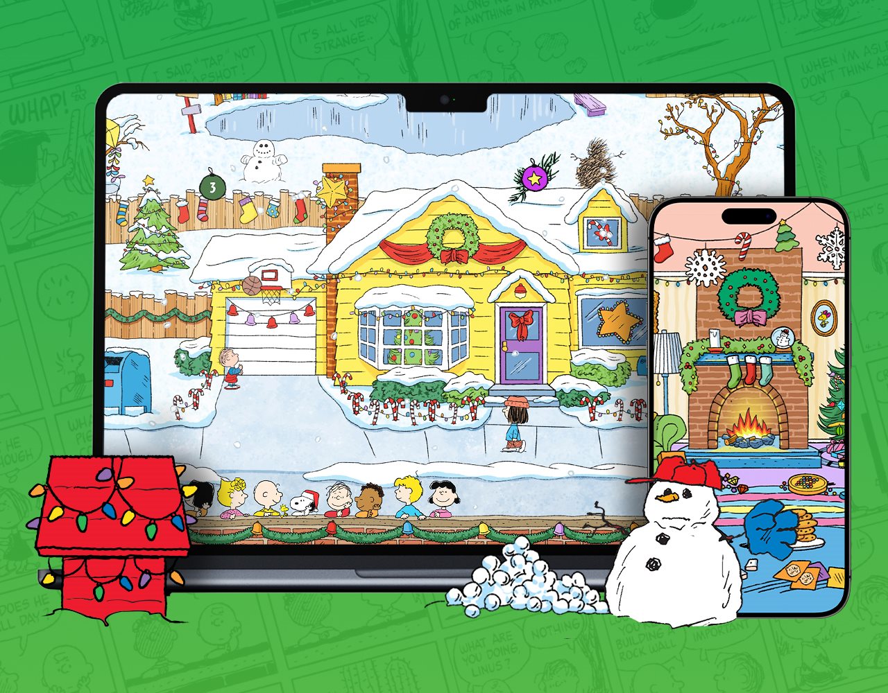 Computer tablet and cellphone with  illustrations from the Peanutes Digital Advent Calendar 2025 site at americangreetings.com .
