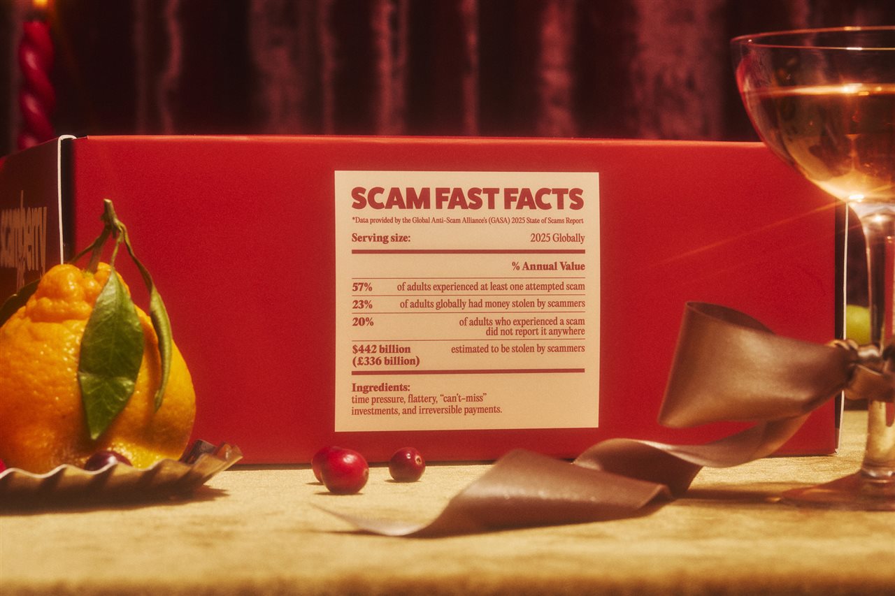 Pie box on table with scan fast facts panel includng percentage information about adults who have experienced an attempted scam, lost money to a scam or contacted by a scammer and did note report it.