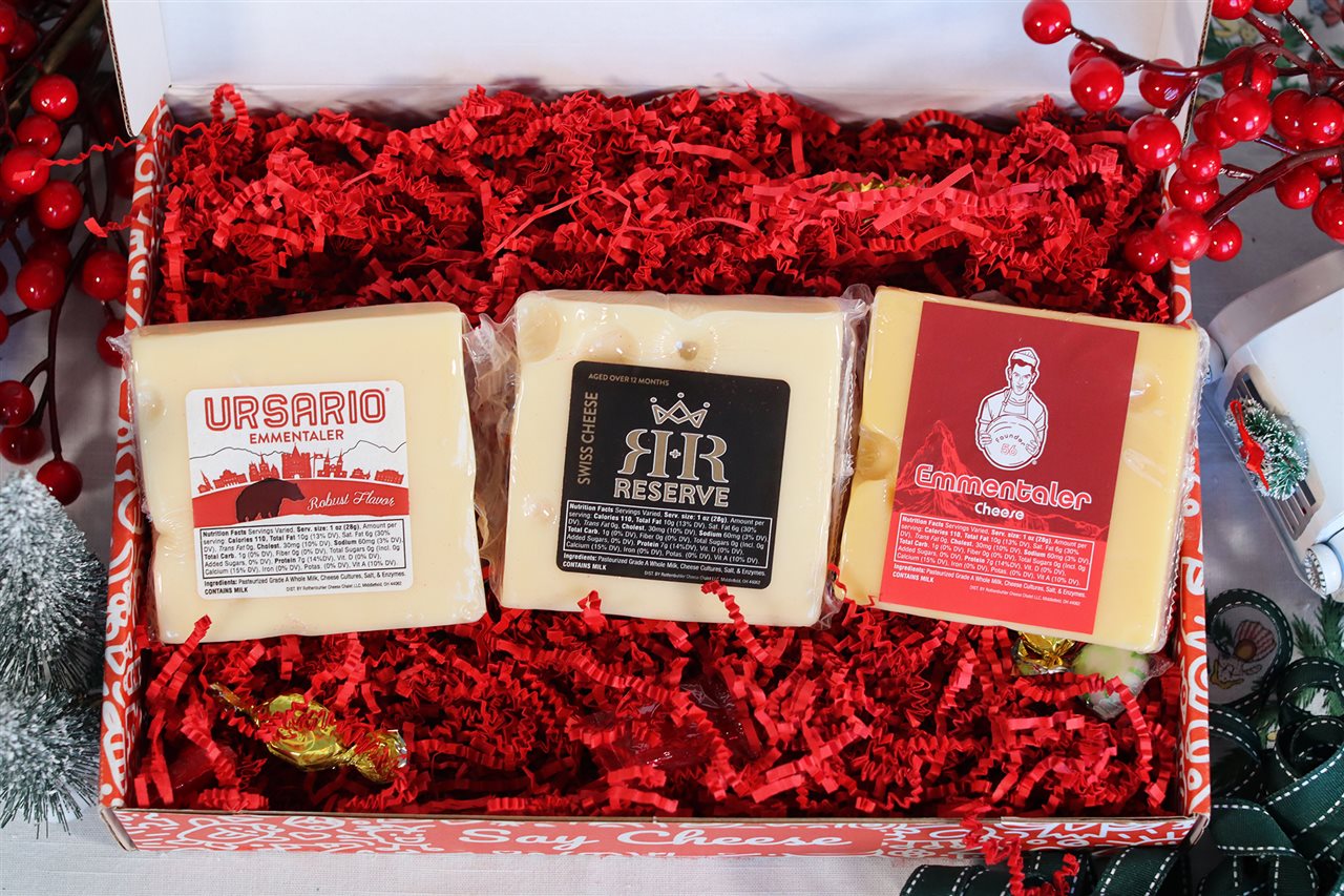 TheThe  Annie's Favorites gift box featuring Emmentaler, Ursario and Reserve Swiss cheeses, plus a Lindt chocolate truffle bar and other candies from Rothenbuhler Cheese Chalet.