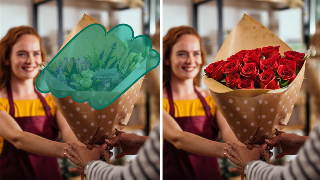 Side by side images of a girl holding a bouquet of wildflower and a girl holding a bouquet of roses. iStock's AI suite lets SMBs adapt existing high-quality images in seconds by swapping in new objects, updating key elements, or expanding the frame to fit new layouts or aspect ratios.