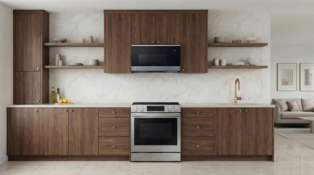 Samsung appliances stove and microwave in a modern kitchen,