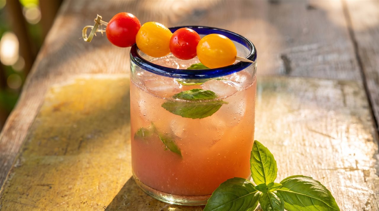 Tomato Basil Mezcarita in a glass. Ferry-Morse helps gardeners grow vegetables and herbs.