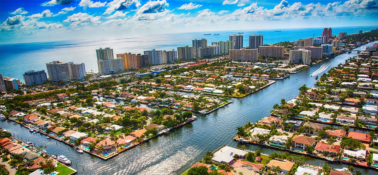 Aerial view of residential neighborhood in the Pompano Beach area of South Florida just north of Fort Lauderdale.