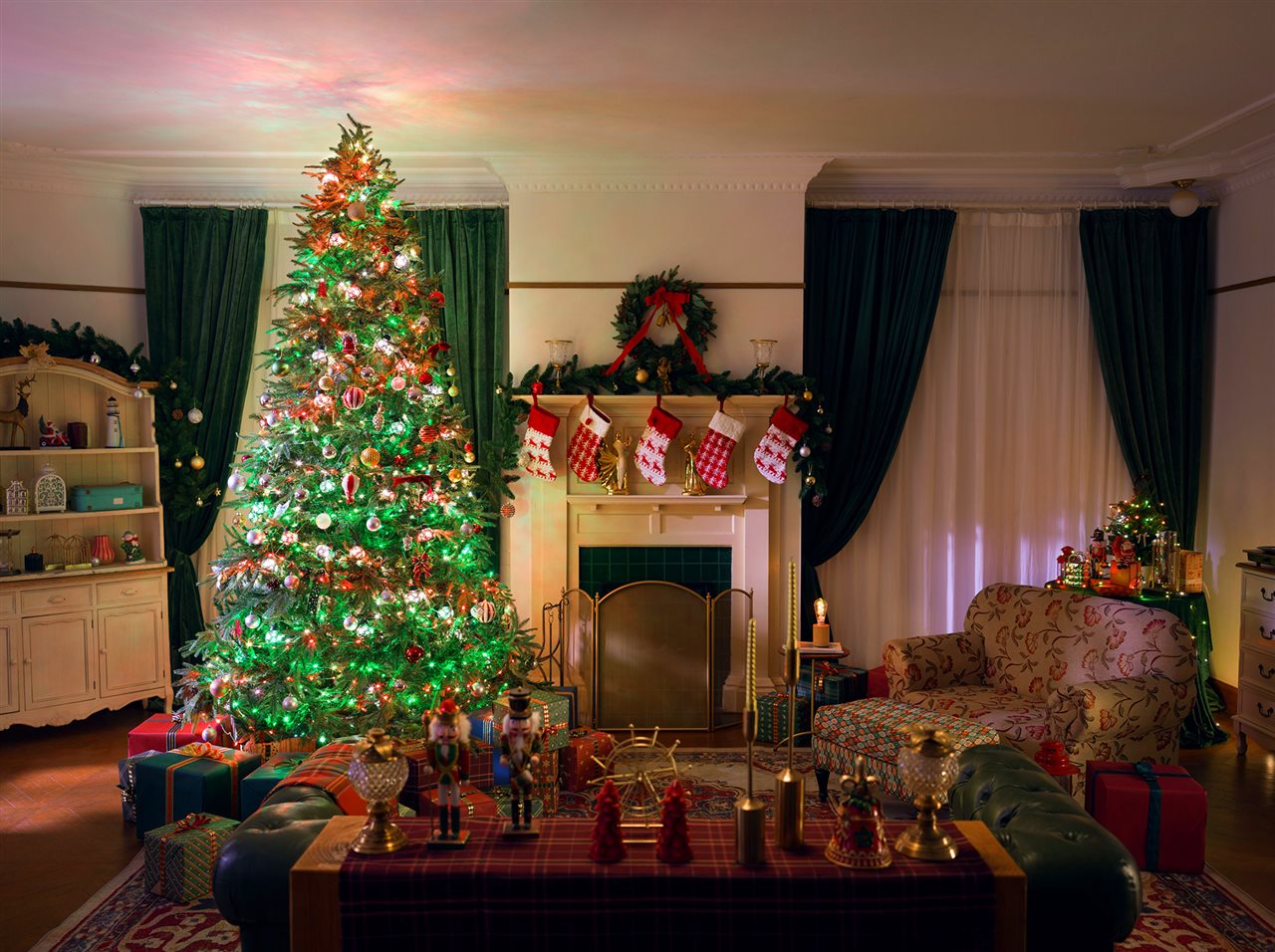 Govee LED lighted Christmas tree in a living room.
